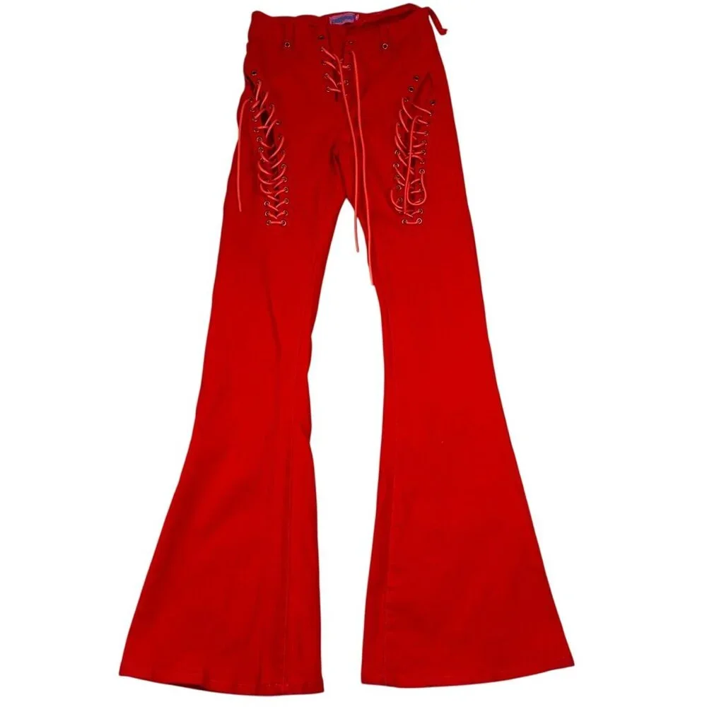 Edikted Woman's Pants XS Red Lace-Up Flared Bell Bottom Cotton Blend Retro Y2K S